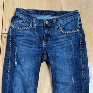 Rock & Republic Jeans Kasandra,  Dark Wash Studs  Bling, Retro Distressed Size 0